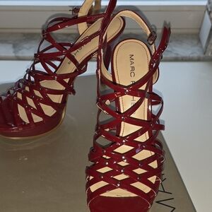 Dark Red, Sexy Platform With Silver Flat Trim At Each Intersected Straps Heels.